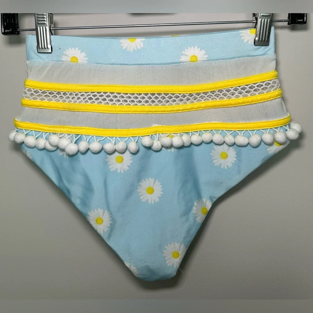 Tularosa Revolve‎ Thessy Daisy Skies Blue White Yellow Pom Pom Bikini Bottom XS